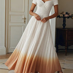A-Line High Waisted Gradient Pleated Zipper V-Neck Maxi Dresses