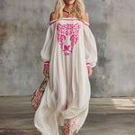 Elegant Flowing, Ultra-loose Off-shoulder Pink Leopard Print Off-white Chiffon Maxi Dress