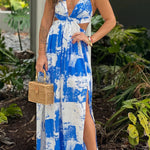 WHITE AND BLUE PRINTED MAXI DRESS WITH CUT OUTS