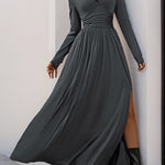 A-Line High Waisted Pleated Solid Color Split-Side V-Neck Maxi Dresses