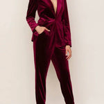 Solid Color Velvet Long-sleeve Blazer and Elastic Waist Pocket Pants Set