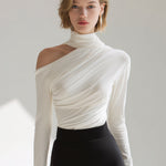 Asymmetric Draped High-Neck Long Sleeve Top
