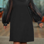 Puff Sleeves Beads Mesh Solid Color Split-Joint Round-neck Midi Dresses