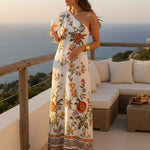 A-Line Sleeveless Contrast Color Flower Print Geometric Split-Joint One-Shoulder Maxi Dresses