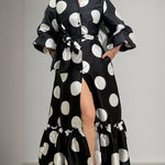 Loose Puff Sleeves Pleated Polka-Dot Split-Joint Tied Waist Tiered Lapel Maxi Dresses Shirt Dress