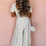 White Ditsy Floral Smocked Puff Sleeve High Waist Jumpsuit