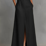 Women's Jet Black Woven Dress With Sleeveless Silhouette & Side Pockets, Modern Effortless-Chic Style Dress