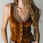 Caramel Velvet Embroidered Lace Trim Vest