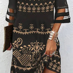 Half Sleeves Loose Hollow Mesh Printed Split-Joint Cold Shoulder Mini Dresses