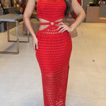 Stunning Gaze Knit Texture Ring Side Waist Cutout Stretch Maxi Dress（Note: top without lined, you can bring your own bra）
