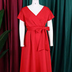 Bowknot Lace-Up Solid Color V-Neck Midi Dresses