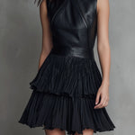 Chic Black Eco Leather & Pleated Chiffon Tiered Skirt Mini Dress