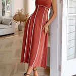 A-Line High Waisted Contrast Color Zipper Spaghetti-Neck Midi Dresses