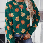 Maple Leaf Pattern Jacquard Casual Pullover Sweater for Women