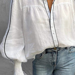 Long Sleeves Loose Buttoned Contrast Color Elasticity Split-Joint Round-Neck Blouses&Shirts Tops