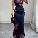 Bodycon Sleeveless Contrast Color Flower Print Round-Neck Maxi Dresses