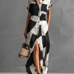 Women's Cotton And Linen Blend Irregular Geometric Print Lapel Single-Breasted Short-Sleeved Maxi Shirt Dress