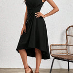 A-Line High Waisted Asymmetric Pleated Solid Color Split-Joint Round-Neck Midi Dresses