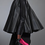 A-line Long Sleeves Big Hemline Solid Color Stand Collar Leather Top
