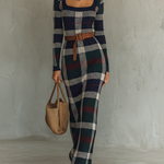 Women's Minimalist Check Knit Belted Square Neck Maxi Dress