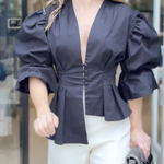 High-Low Puff Sleeves Asymmetric Buttoned Solid Color Deep V-Neck Blouses&Shirts Tops