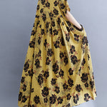Loose Short Sleeves Pleated Printed Split-Joint Round-Neck Midi Dresses