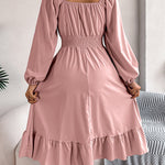 A-Line Elasticated Waist Pleated Ruffled Solid Color Square-Neck Midi Dresses