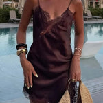 Elouise Satin Lace Trim V-neck Asymmetrical Hem Slip Mini Dress