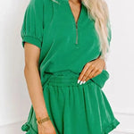 Women's Casual Puff Sleeve Top and Ruffle Shorts Set