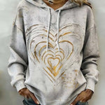Women'S Casual Color-Block Heart Print Hooded Pullover Sweatshirt