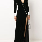 Long Sleeves Skinny Asymmetric Buttoned Shoulder Pad Split-Front Deep V-Neck Maxi Dresses