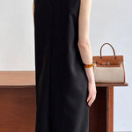 High Waisted Loose Pockets Solid Color Split-Back Zipper Round-Neck Midi Dresses