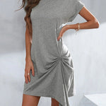 Casual Short Sleeves Pleated Round-Neck Gray Mini Dress