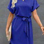 Loose Short Sleeves Solid Color Tied Waist Round-Neck Mini Dresses