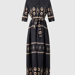 A-Line Half Sleeves Buttoned Tied Waist Lapel Midi Dresses