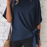 Solid Color Batwing Sleeve Hem Knotted Loose T Top