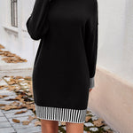 Long Sleeves Loose Contrast Color Split-Joint Mock Neck Mini Dresses Sweater Dresses