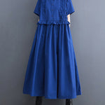 Simple Short Sleeves Loose Buttoned Falbala Split-Joint Solid Color Midi Shirt Dress
