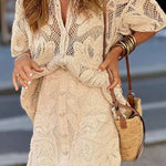 Fashion Holiday Lace Short Sleeve Hollow Top Skirt Set