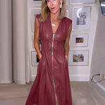 A-Line Elasticated Waist Pockets Solid Color Split-Joint Zipper V-Neck Midi Dresses