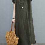 Simple Ramie Cotton Solid Color Split-Side With Pocket V-Neck Short Sleeves Maxi Dress