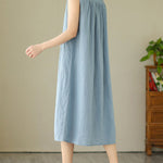 A-Line Sleeveless Buttoned Pleated Solid Color Round-Neck Midi Dresses