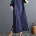 A-Line Loose Chinese Frog Buttons Pockets Solid Color Split-Side V-Neck Midi Dresses