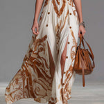 Vintage Bohemia Halter Neck Brown Western Print Off White Chiffon Split Maxi Dress