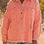 Distressed Raw Hem Denim Jacket with Chest Pockets