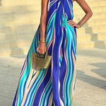 Phuket Dinner Colorful Wave Print Tassel Halter Maxi Dress