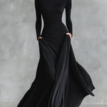 Women's Black Modern Crepe Ruched Boat - Neck Maxi Dress