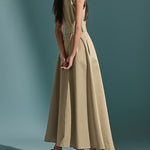 A-Line High Waisted Belted Buttoned Pockets Solid Color Round-Neck Maxi Dresses
