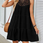 A-Line Loose Hollow Pleated Solid Color Split-Joint Round-Neck Mini Dresses