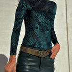 Antarey Velvet Mesh Unique Pattern Long Sleeve Stretch Bodysuit